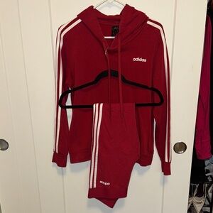 Adidas Red Hoodie Set with white stripes